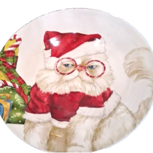 2 Pier 1 Grumpy Christmas Cat Santa with Hat Salad Plate 9” Ironstone - Picture 2 of 7